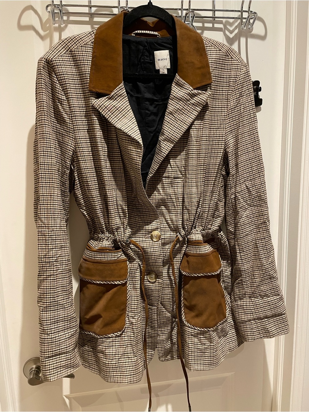 Maeve Brown Plaid Trench Coat with Suede Collar and Patch Pockets